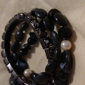 Set of 3 Gunmetal Jewel, Gray, Black & White Beaded Bracelets